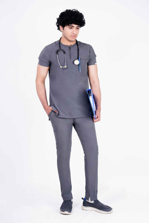 Men's 1-Pocket STRETCH Tuck In Zipper Round Neck Scrub